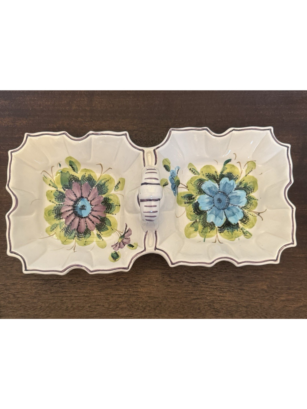Italian Ceramic Divided Serving Dish Hand Painted Floral Bowl Made in Italy VTG
